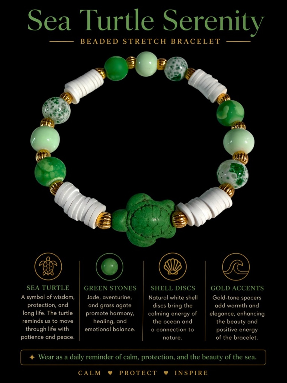 Sea Turtle Serenity Beaded Stretch Bracelet - Green & White